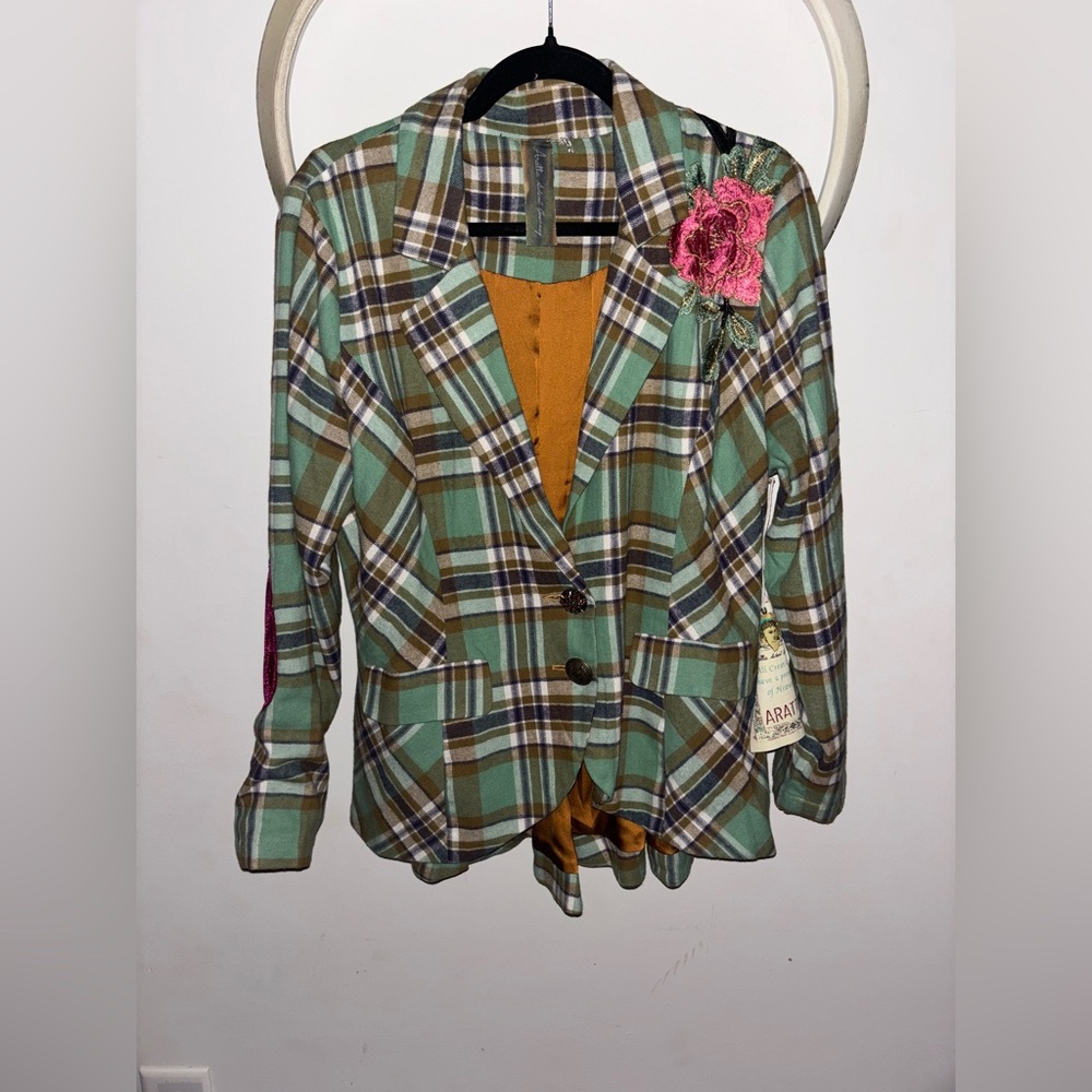 Aratta Green Plaid Blazer with Pink Floral Accent